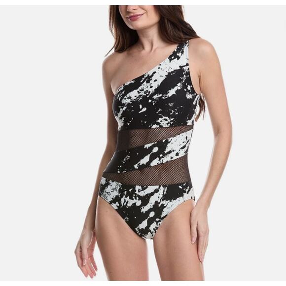 NWOT Carmen Marc Valvo One-Shoulder Mesh Cutout Swimsuit Black/White – Size 10 - Picture 1 of 10